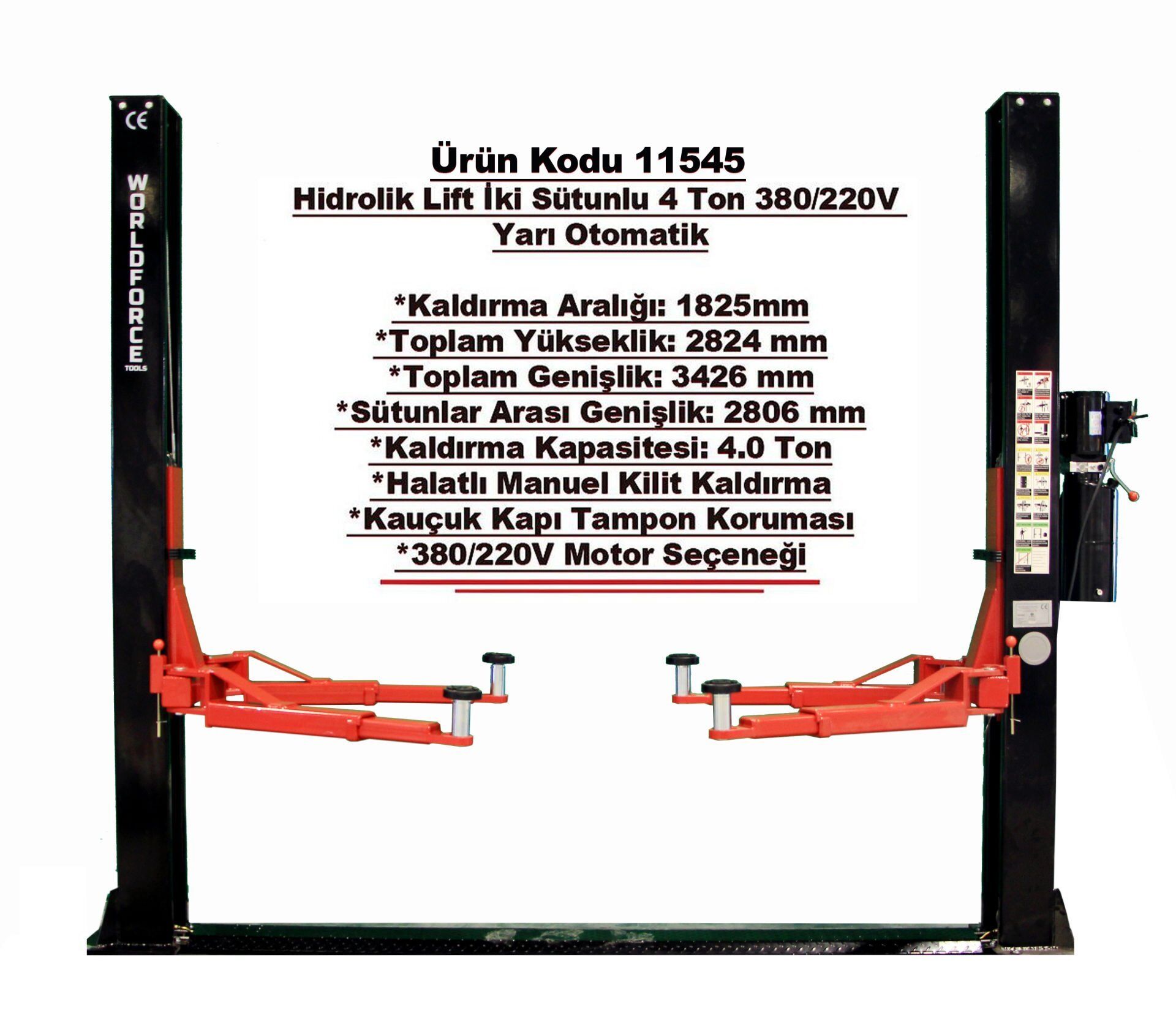 Hidrolik Lift İki Sütunlu 4 Ton 380V Yarı Otomatik
