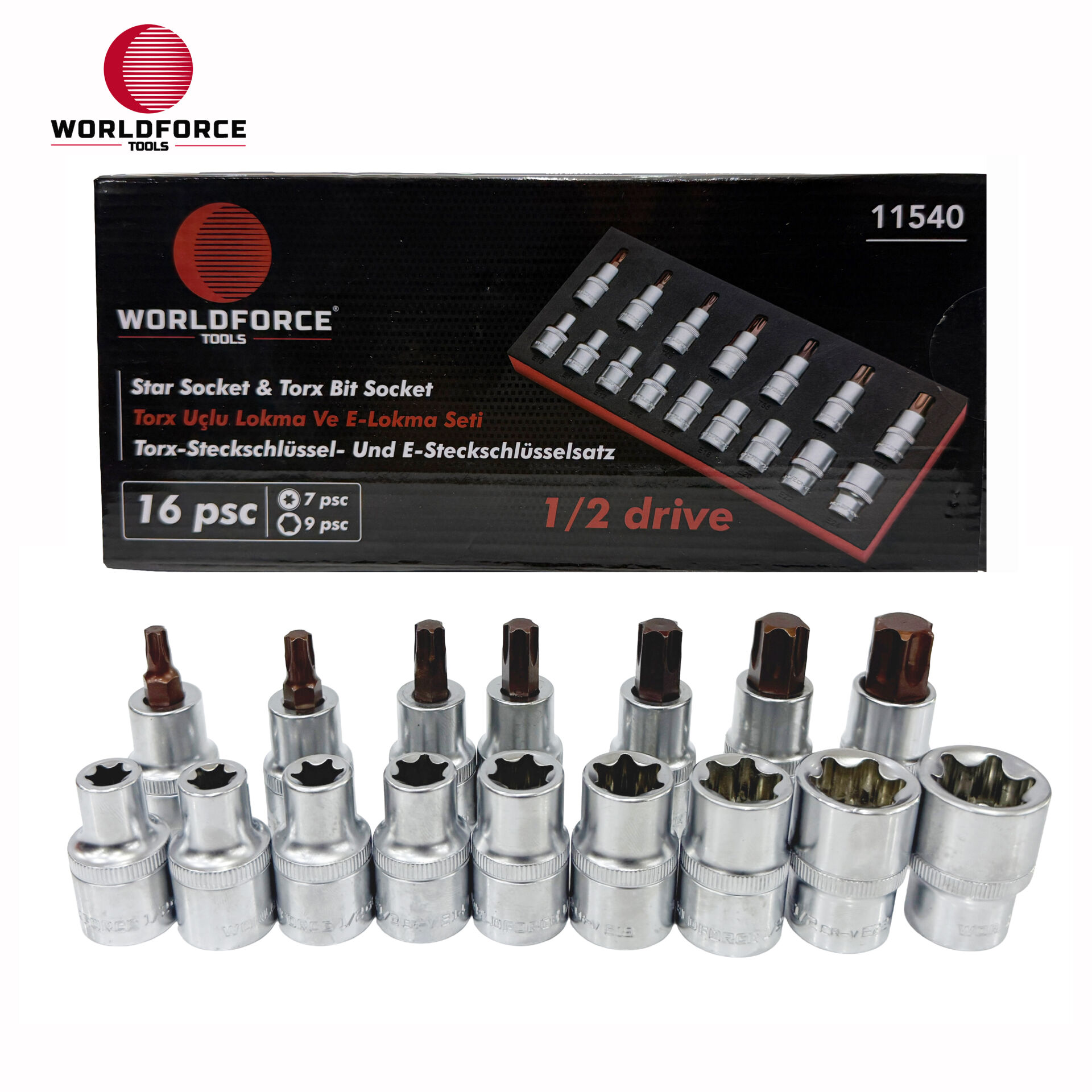 Torx Uçlu Lokma Ve E Lokma Seti 16 Parça 1/2'' (E10-E24, T30-T70)