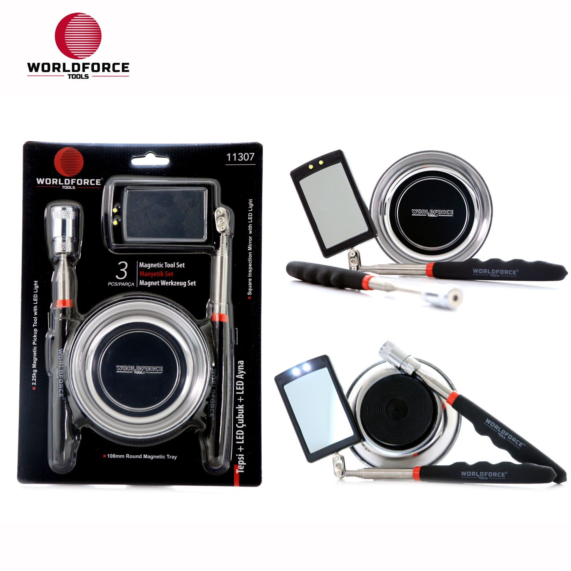 Manyetik Set 3'lü (Tepsi + LED Çubuk + LED Ayna)